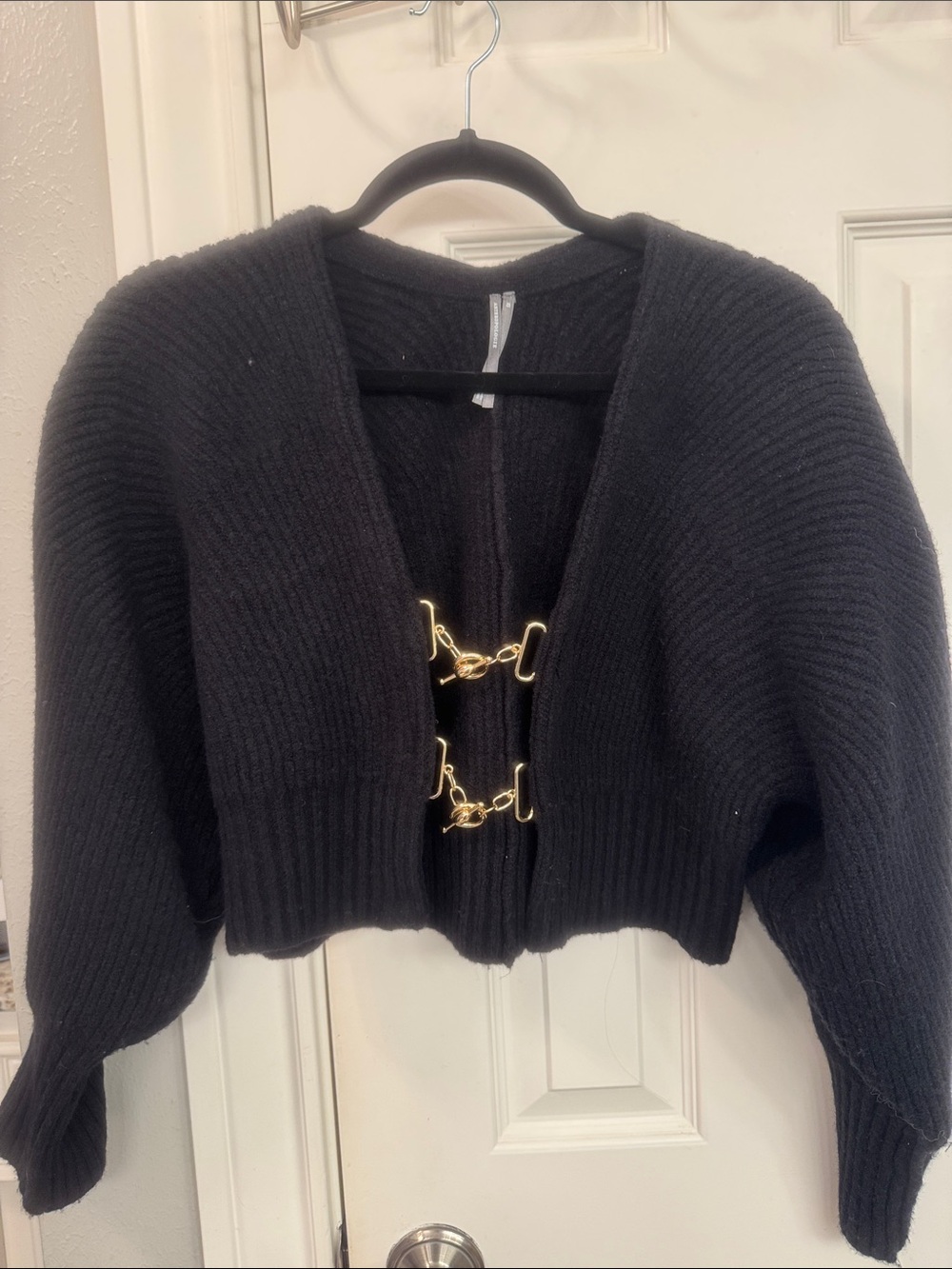 Anthropologie Black Women's Cropped Cardigan Sweater with Gold Hardware
